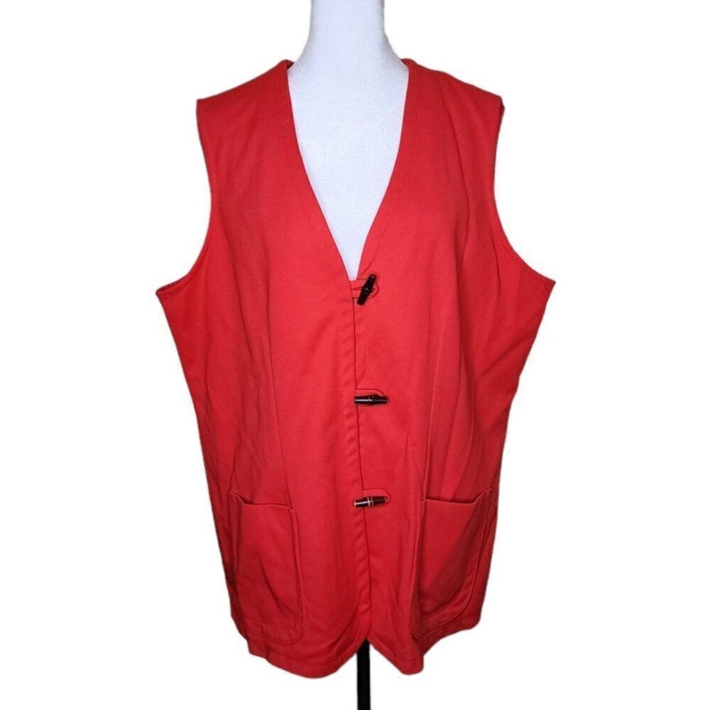 Vintage 70s Plus Size Button Vest Womans Size 2XL Red Pockets Toggle Buttons